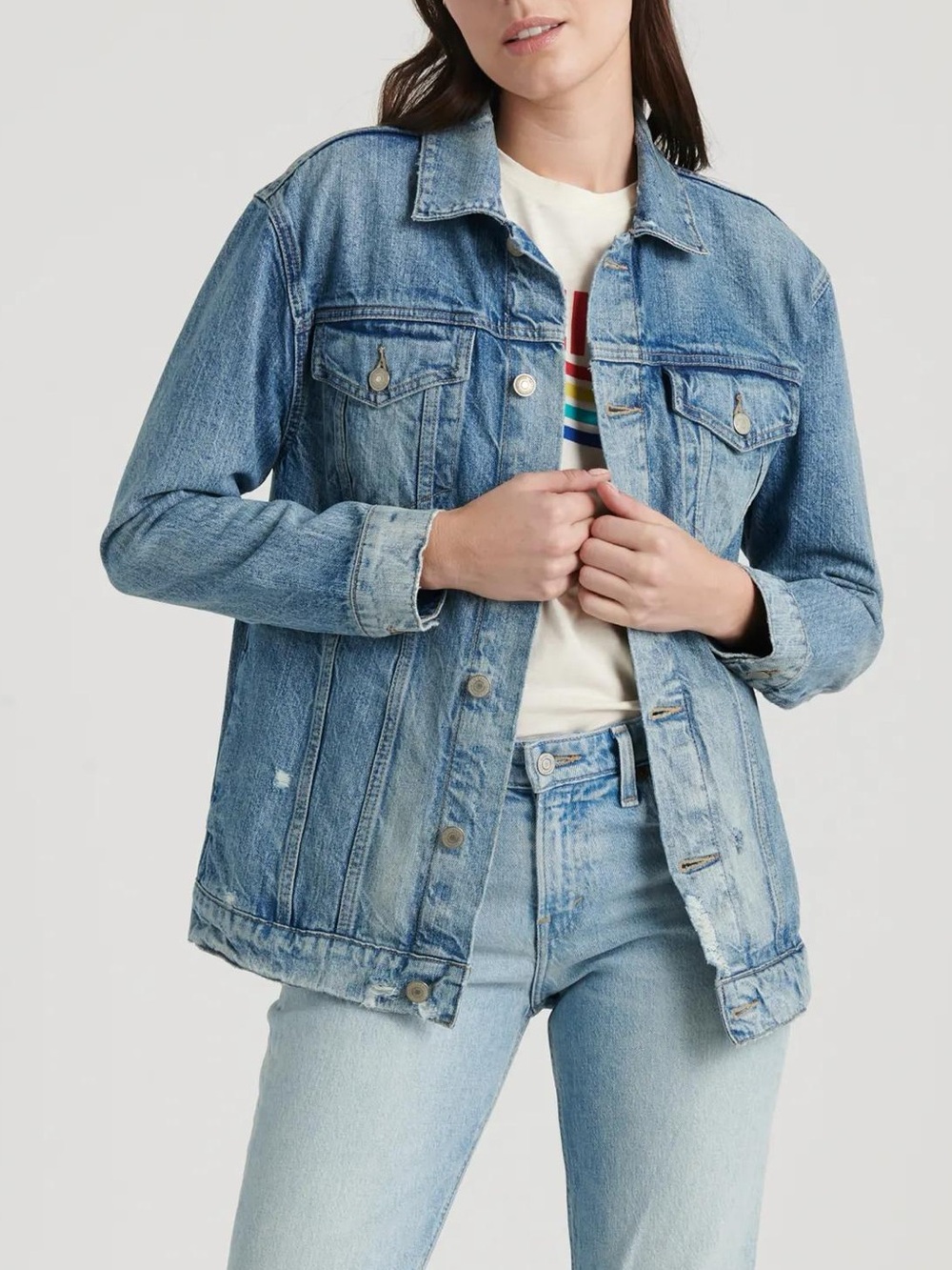 Lucky Brand Faded Blue Denim Oversized Boyfriend Trucker Jacket Women’s Size S.